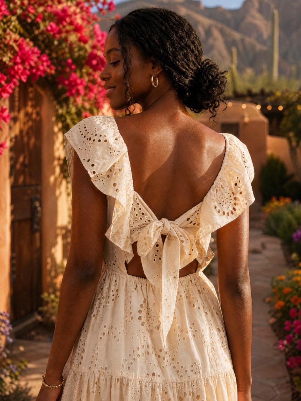 Flying Tomato Beige Cotton Eyelet Midi Dress | Open Back Ruffle Dress - Picture 5 of 5